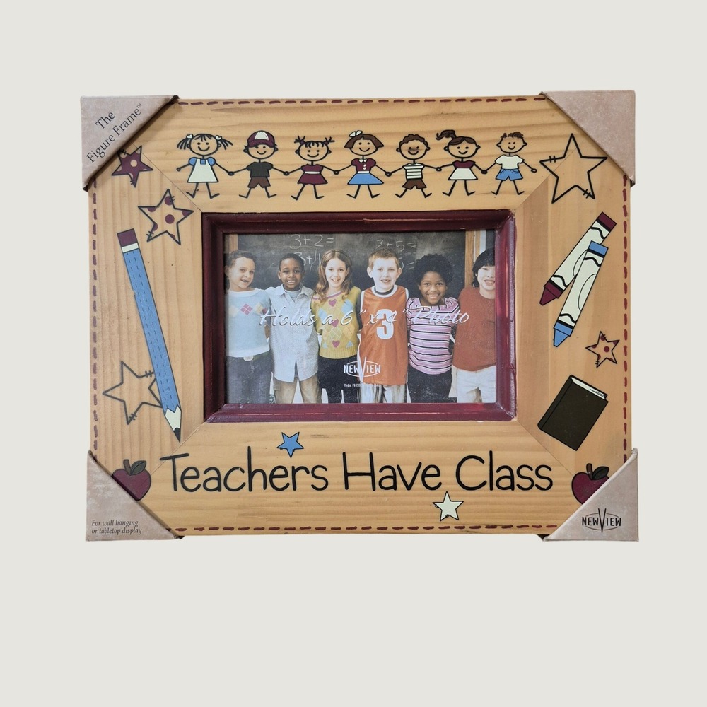 New View Teachers Have Class Photo Frame 4x6 School Theme Wood Gift Tan Natural